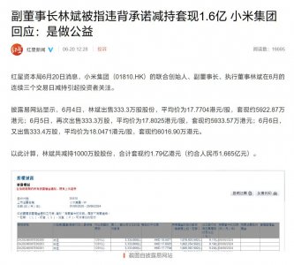 ​副董事长林斌被指违背承诺减持套现1.6亿，小米回应：是做公益